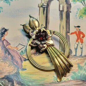 Gold Filled Flower Brooch Copper Flower Petals Red Rhinestone Harry Iskin 1940s